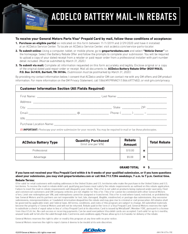 Acdelco Rebate Forms